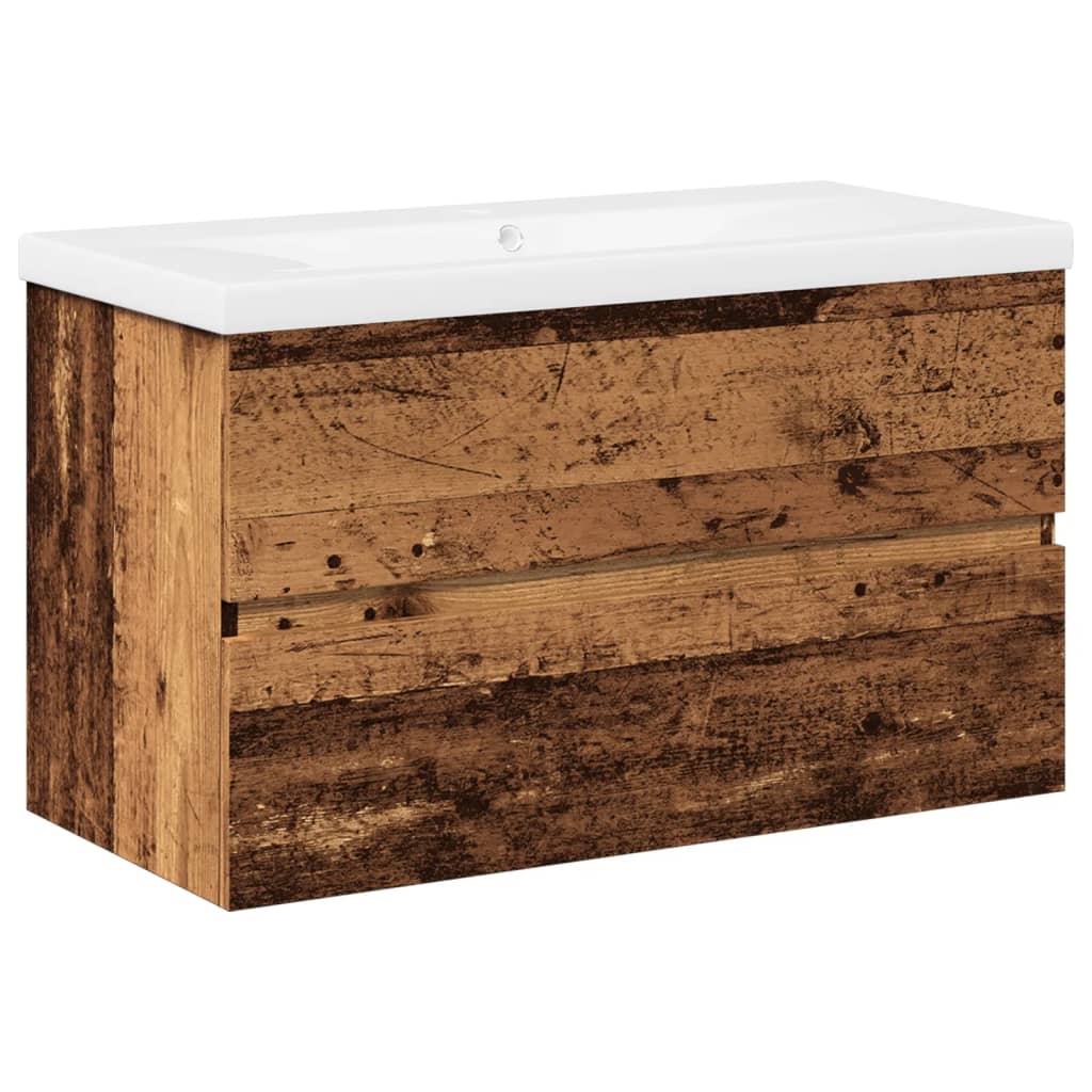 Waschbeckenunterschrank mit Einbaubecken Altholz-Optik