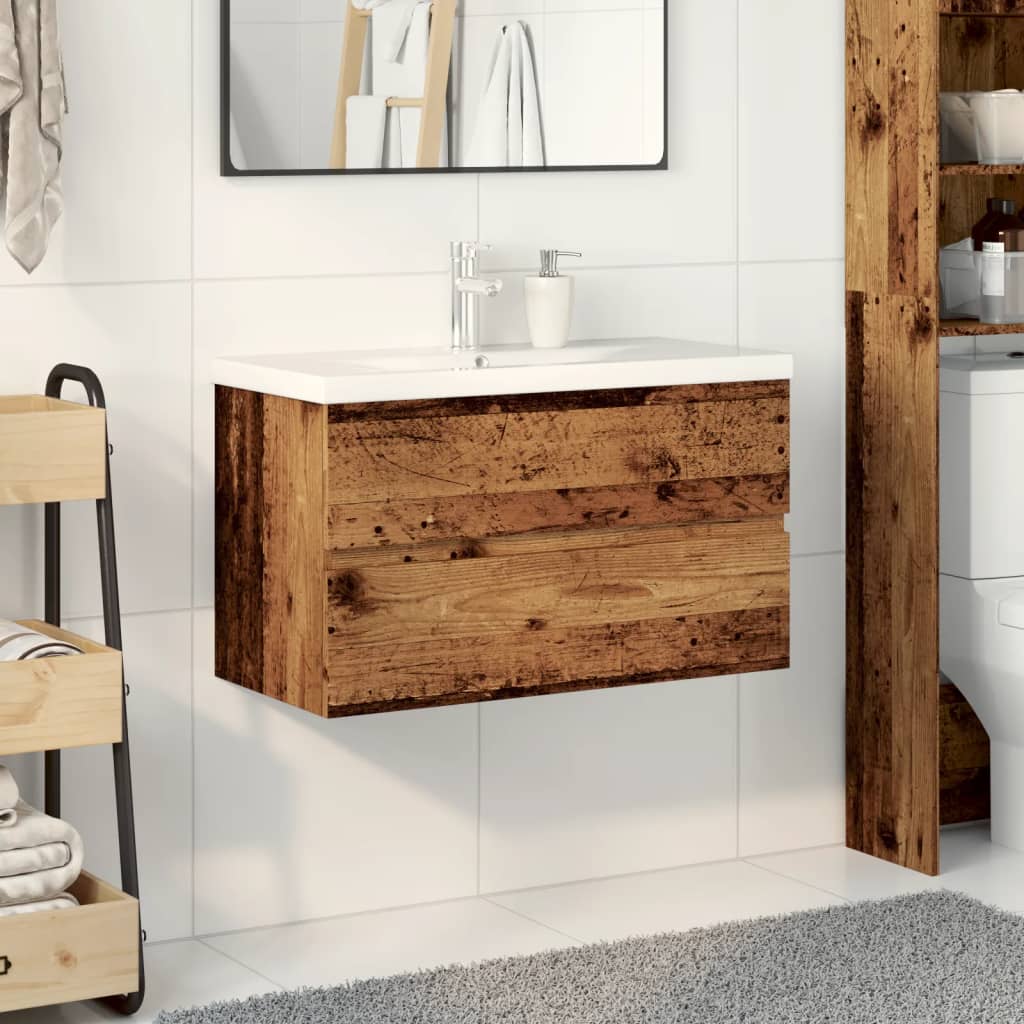 Waschbeckenunterschrank mit Einbaubecken Altholz-Optik