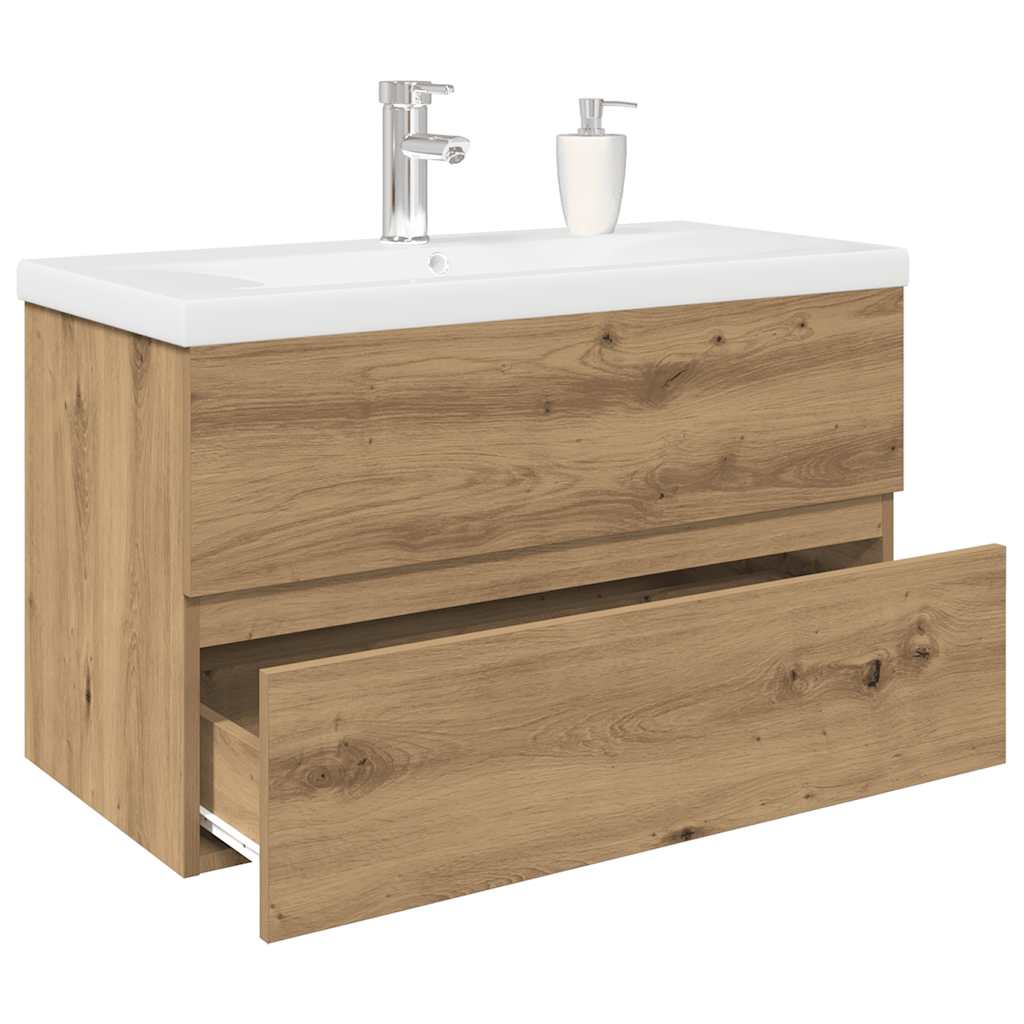 Waschbeckenunterschrank mit Einbaubecken und Wasserhahn