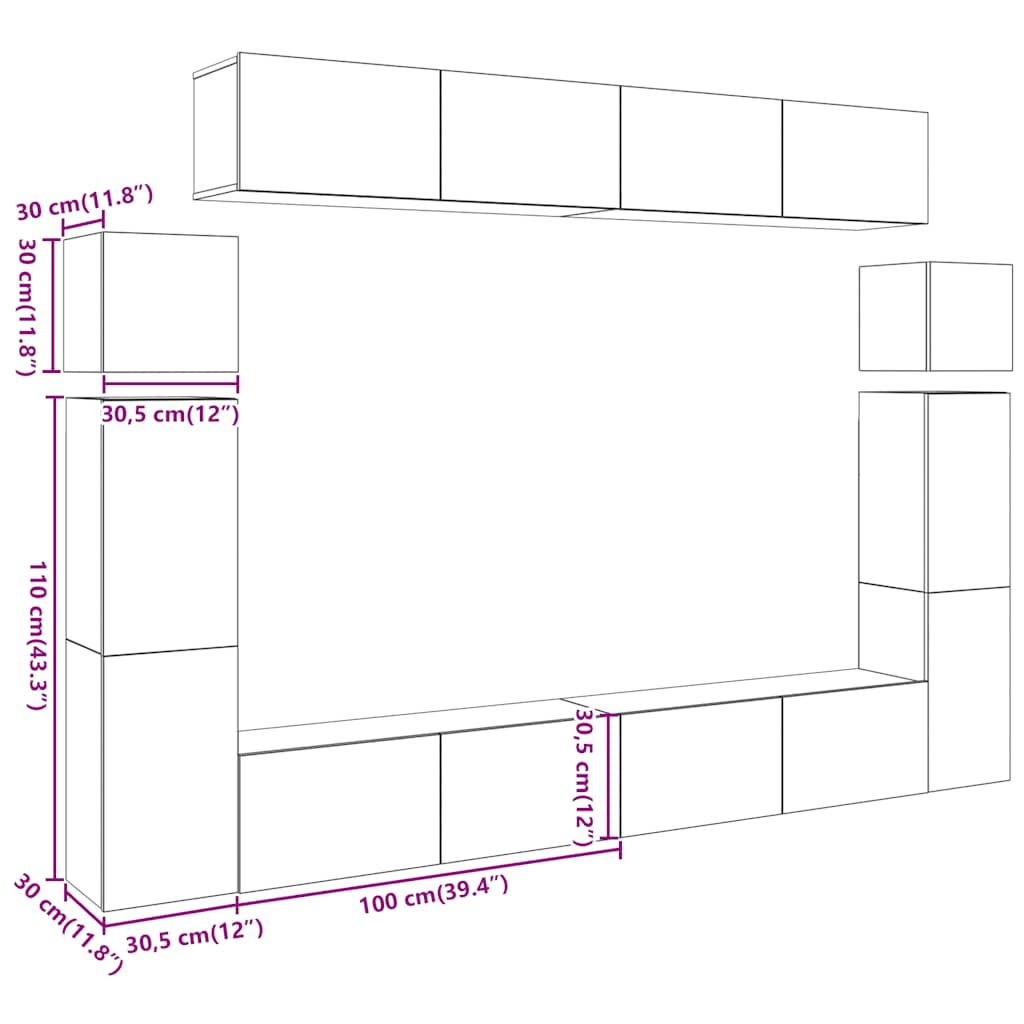 8-tlg. TV-Schrank-Set Wandmontage Altholz-Optik Holzwerkstoff