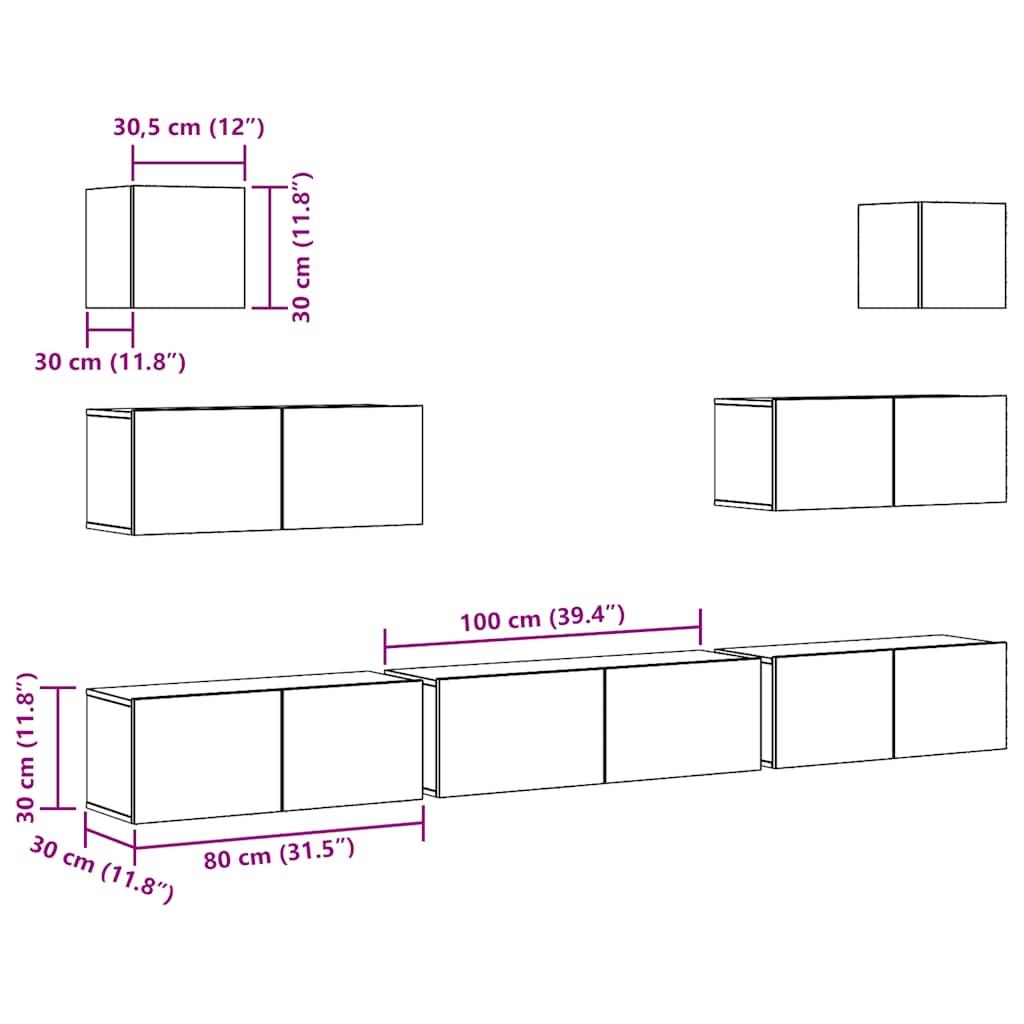 7-tlg. TV-Schrank-Set Wandmontage Altholz-Optik Holzwerkstoff
