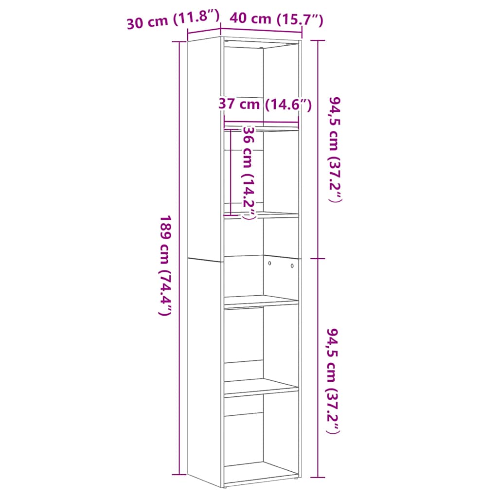 Bücherregal Eiche Schwarz 40 x 30 x 189 cm Holzwerkstoff