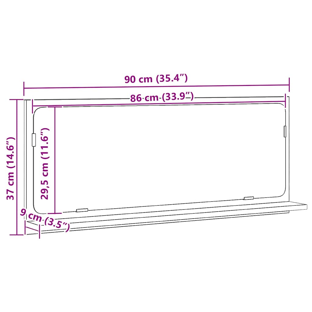 Spiegelablage mit Regal Schwarz Eichen-Optik 90 x 10,5 x 37 cm