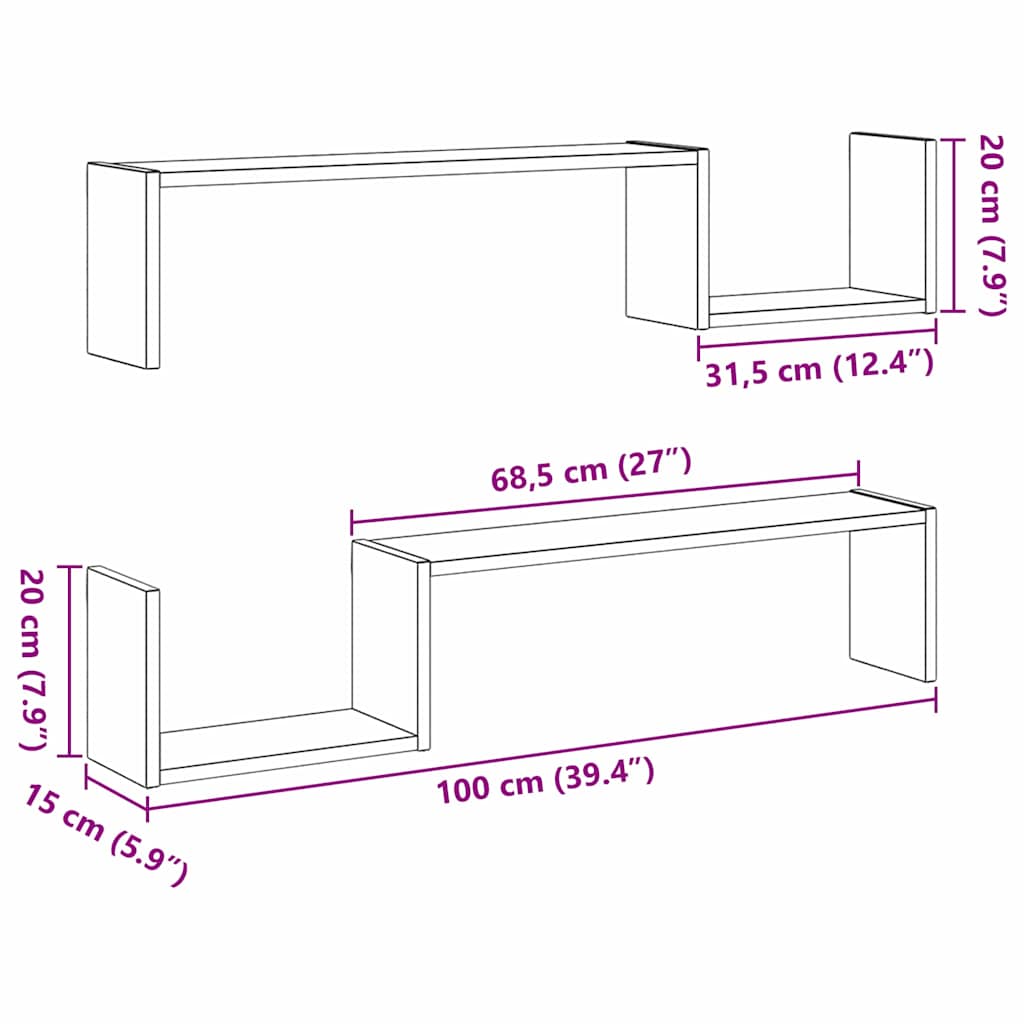 Wandregal mit Regal 2 pcs Schwarz Eichen-Optik 100 x 15 x 20 cm
