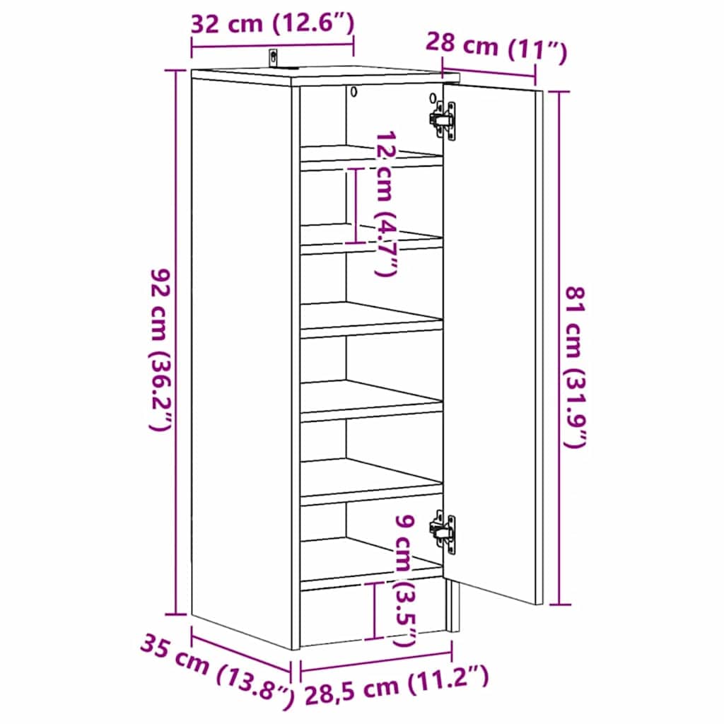Schuhschrank Schwarz Eichen-Optik 32 x 35 x 92 cm Holzwerkstoff