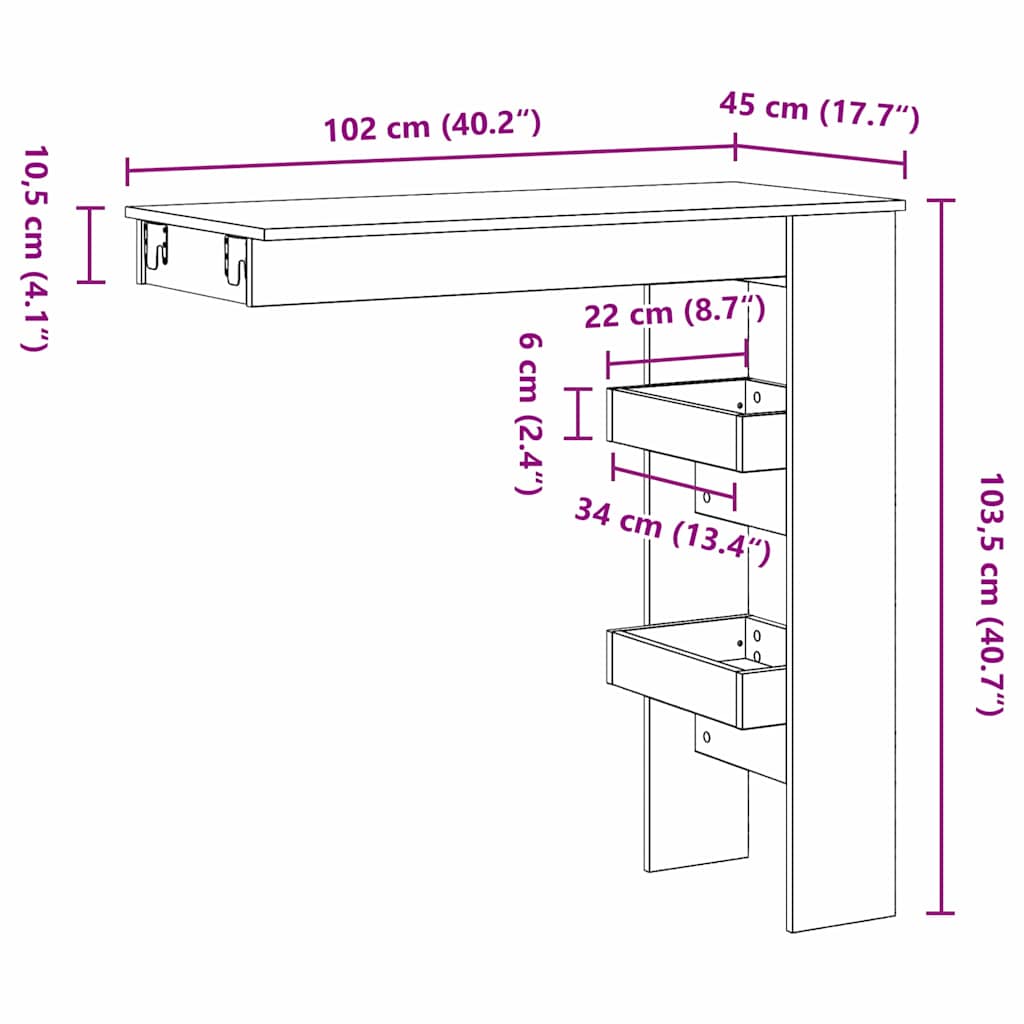 Wand Bar Tisch Schwarz Eichen-Optik 102 x 45 x 103,5 cm
