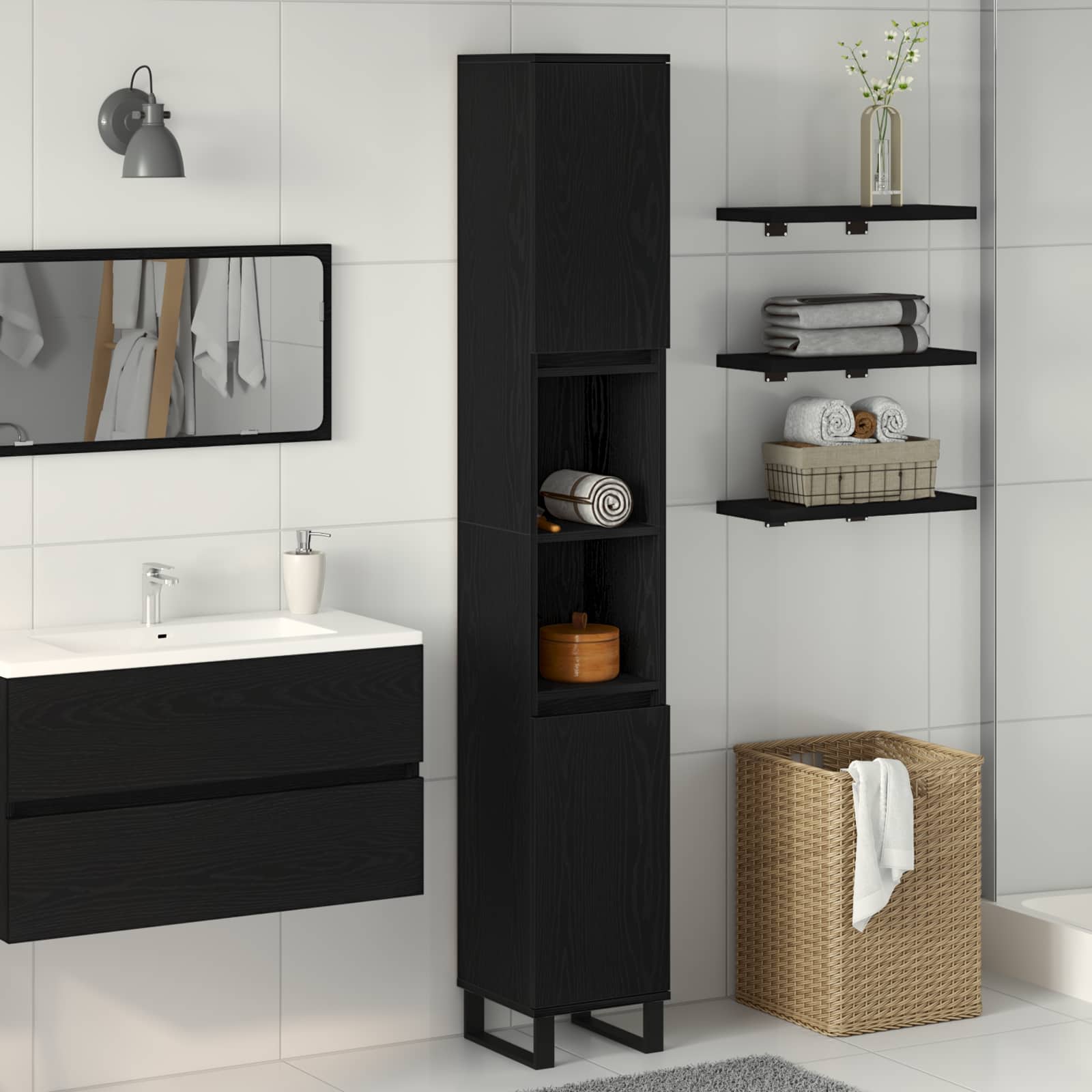 Badezimmerschrank mit Tür Schwarz Eichen-Optik 30 x 30 x 190 cm