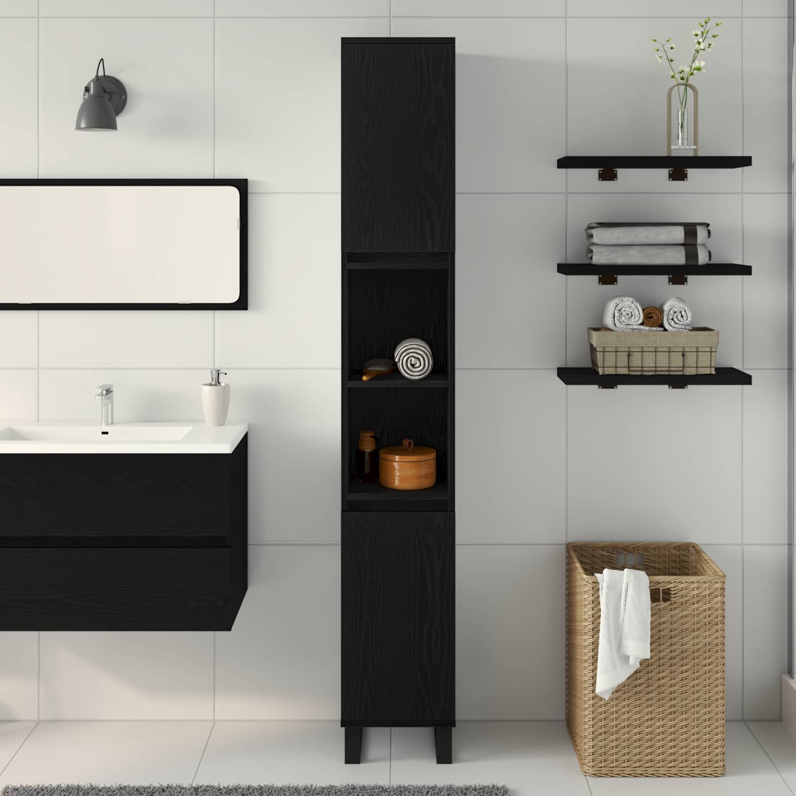 Badezimmerschrank mit Tür Schwarz Eichen-Optik 30 x 30 x 190 cm