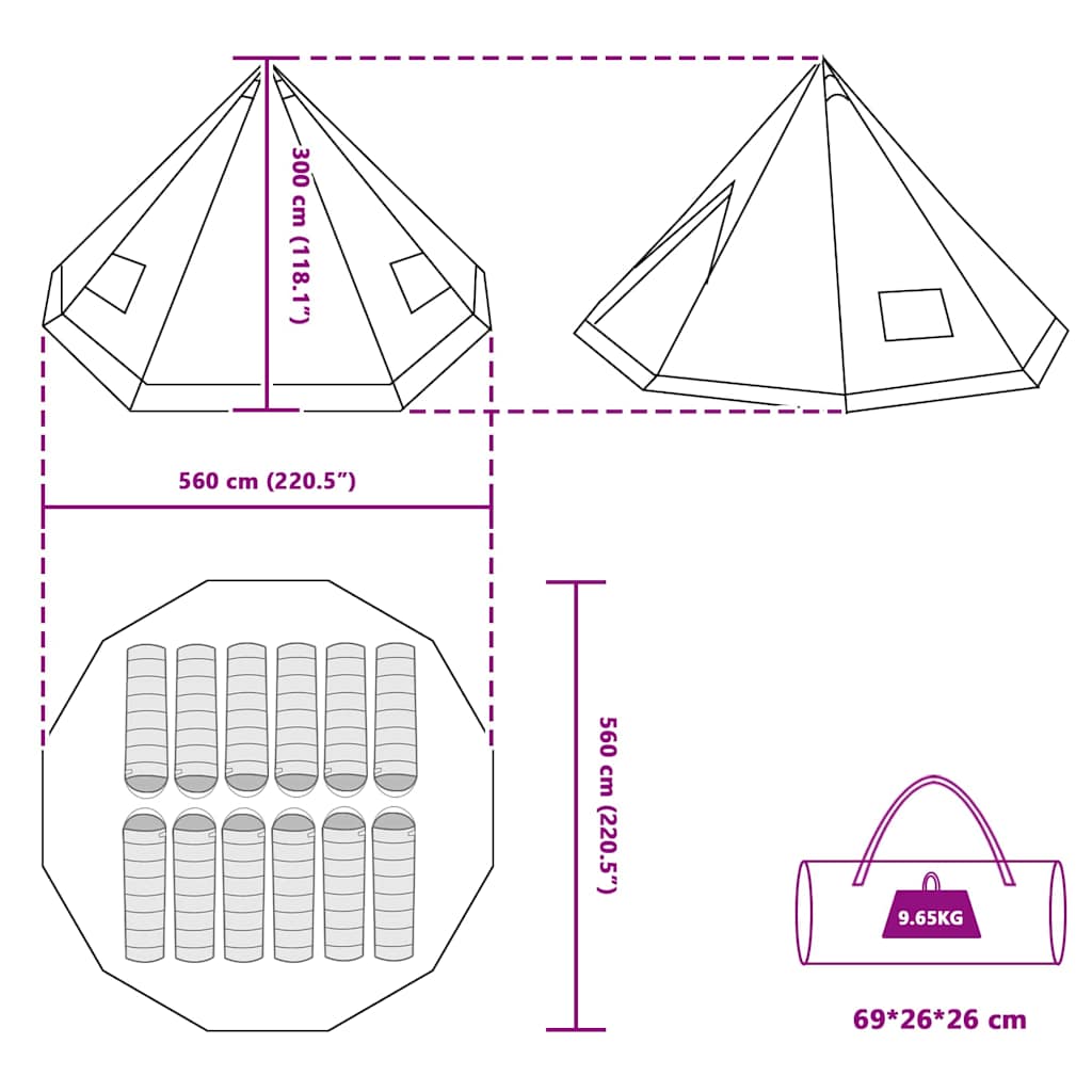 Tipi Zelt mit Dach mit Speicher Grün 560 x 560 x 300 cm Taft