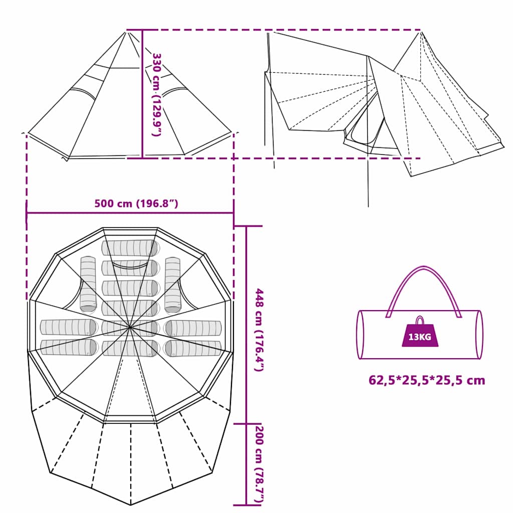 Tipi Zelt mit Dach Grau und Orange 510 x 690 x 330 cm Taft