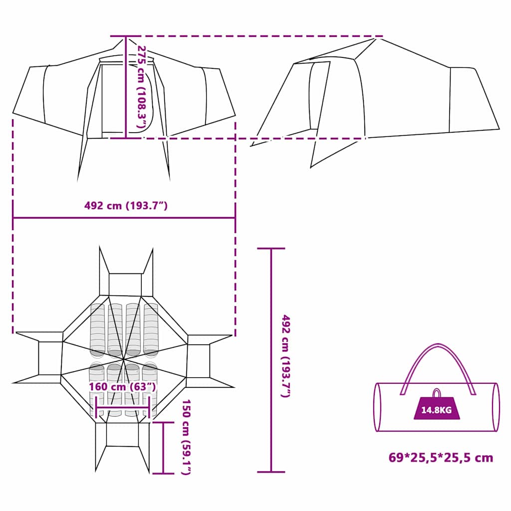 Tipi Zelt mit Dach mit Speicher Grün 492 x 492 x 275 cm Taft