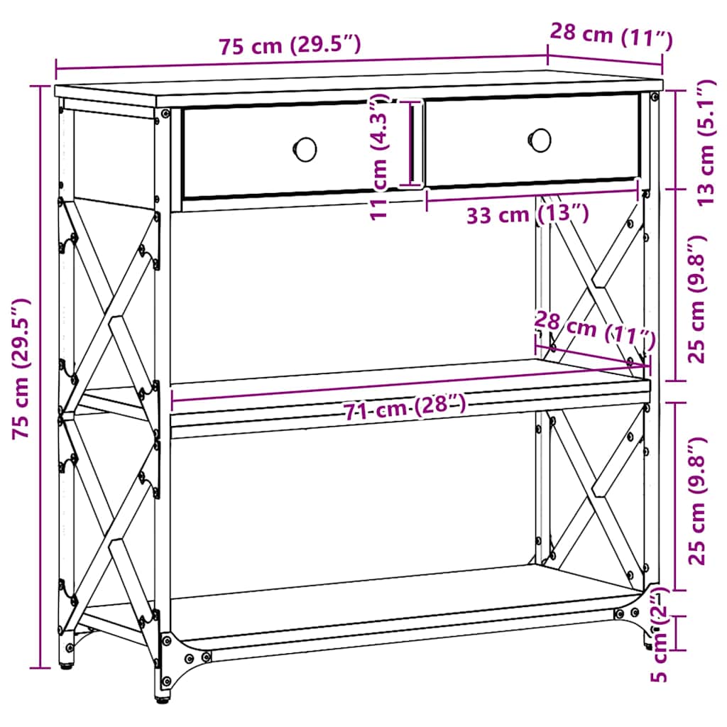 Konsole Tisch mit Schubladen Artisan-Eiche 75 x 28 x 75 cm