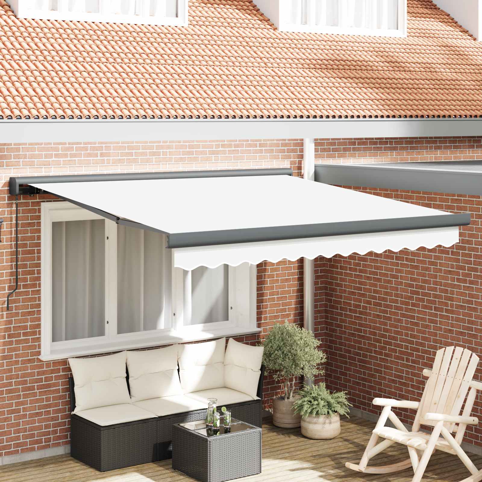 Ausziehbare Markise Weiß 350 x 250 cm Leinen und Aluminium
