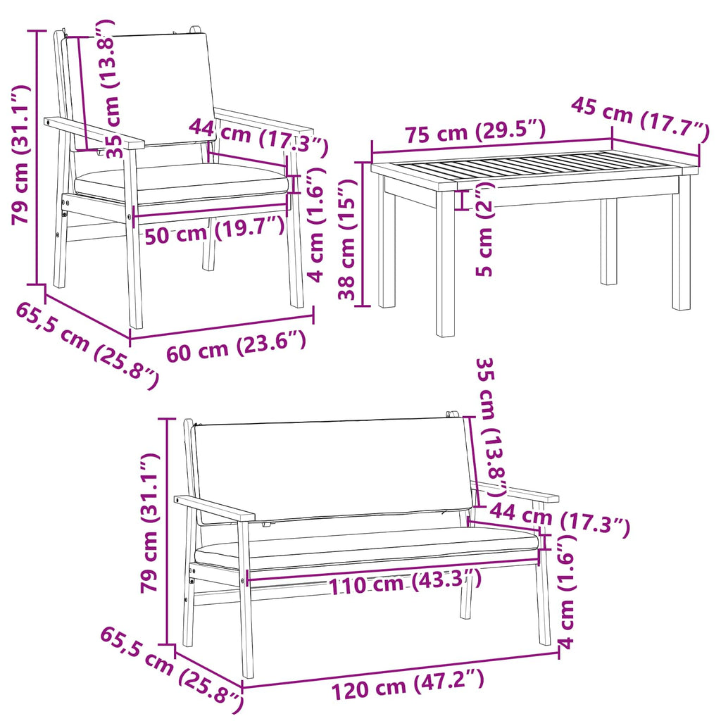 Gartensofa-set 4 pcs Braun 120 x 65,5 x 79 cm Massivholz Akazie