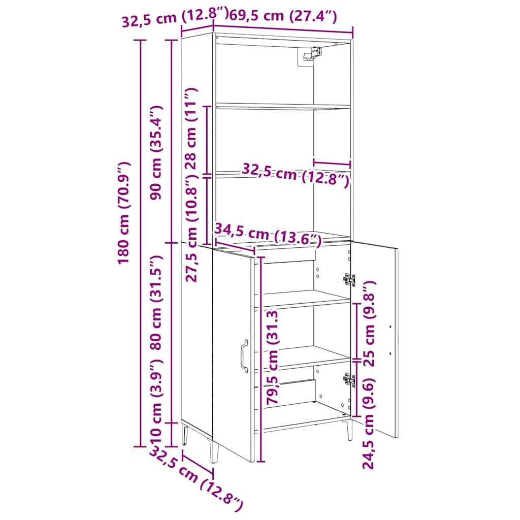 Highboard Schwarz Eichen-Optik 69,5 x 32,5 x 180 cm
