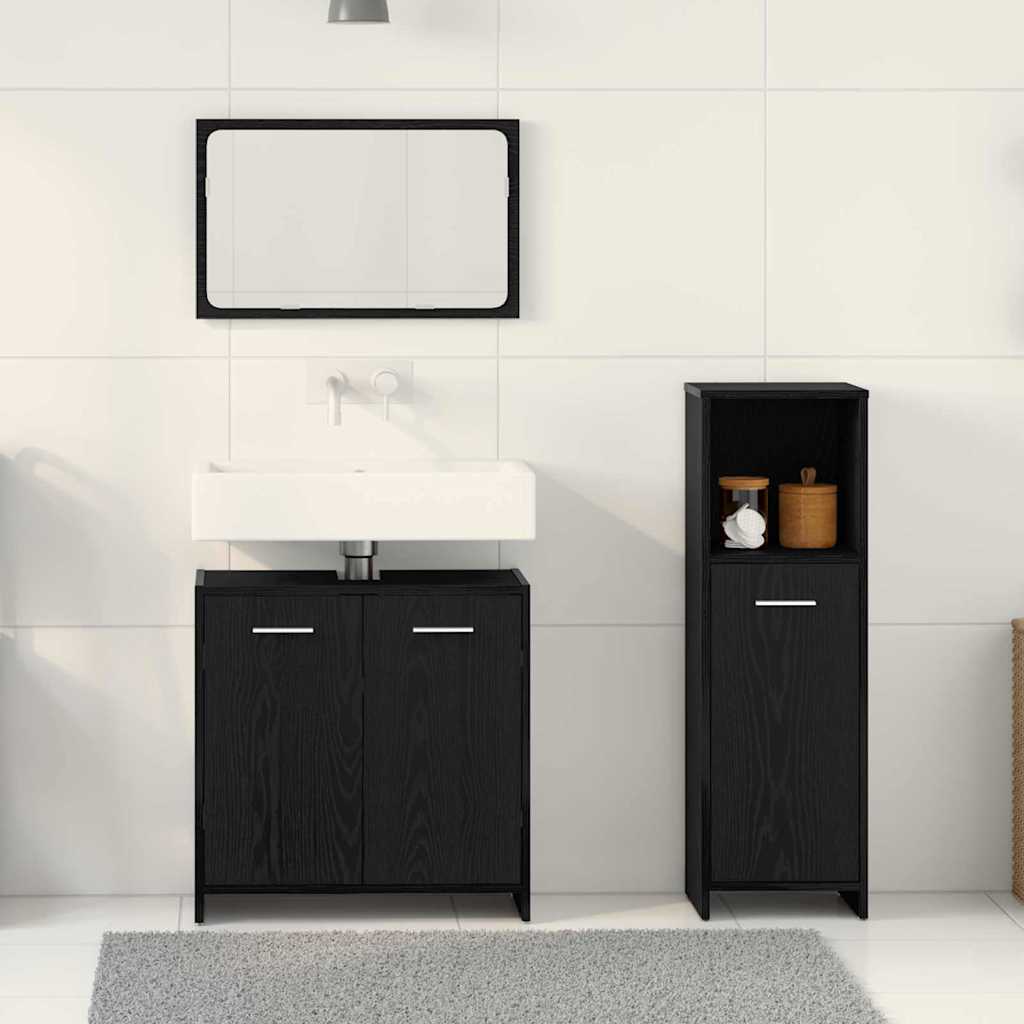 Badezimmermöbel-Set 3 pcs Schwarz Eichen-Optik Holzwerkstoff