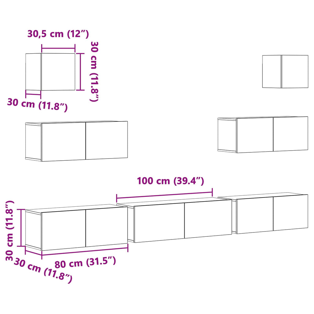 TV-Schrankset 7 pcs Schwarz Eichen-Optik 100 x 30 x 30 cm