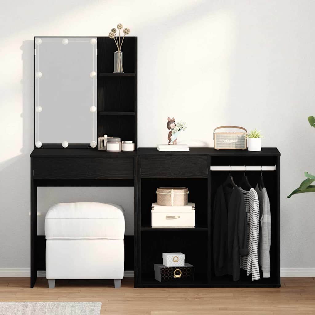LED Schminktisch Set Schwarz Eichen-Optik 140 x 40 x 140 cm