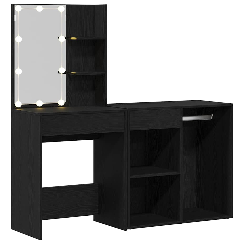 LED Schminktisch Set Schwarz Eichen-Optik 140 x 40 x 140 cm