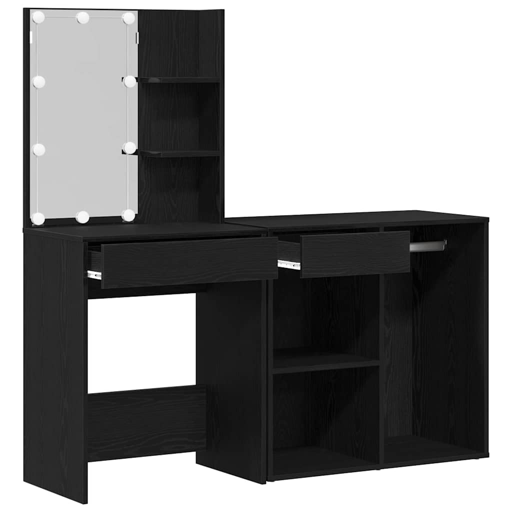 LED Schminktisch Set Schwarz Eichen-Optik 140 x 40 x 140 cm