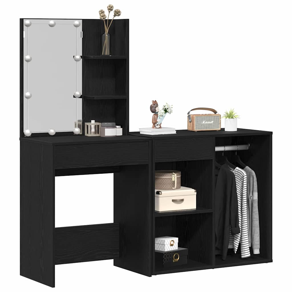 LED Schminktisch Set Schwarz Eichen-Optik 140 x 40 x 140 cm