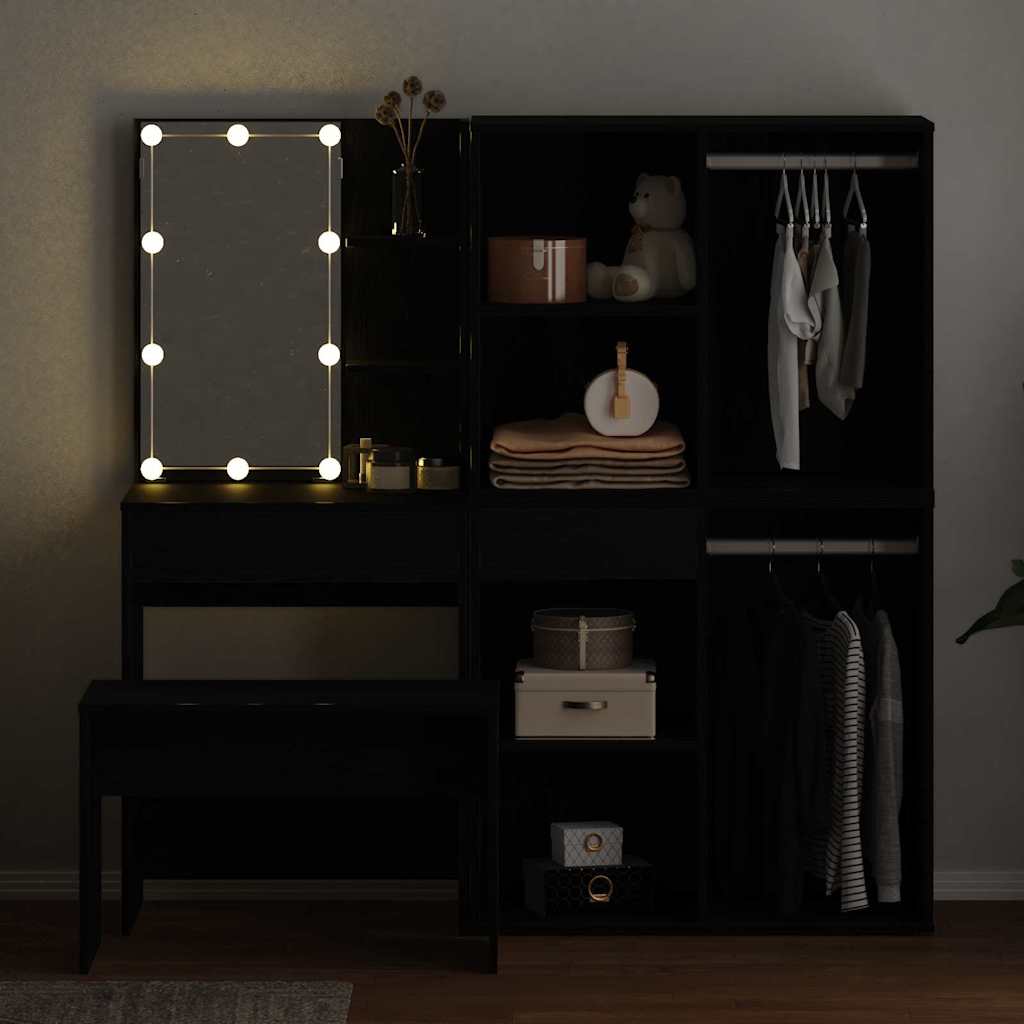 Schminktischset mit LED mit Regal 4 pcs Schwarz Eichen-Optik