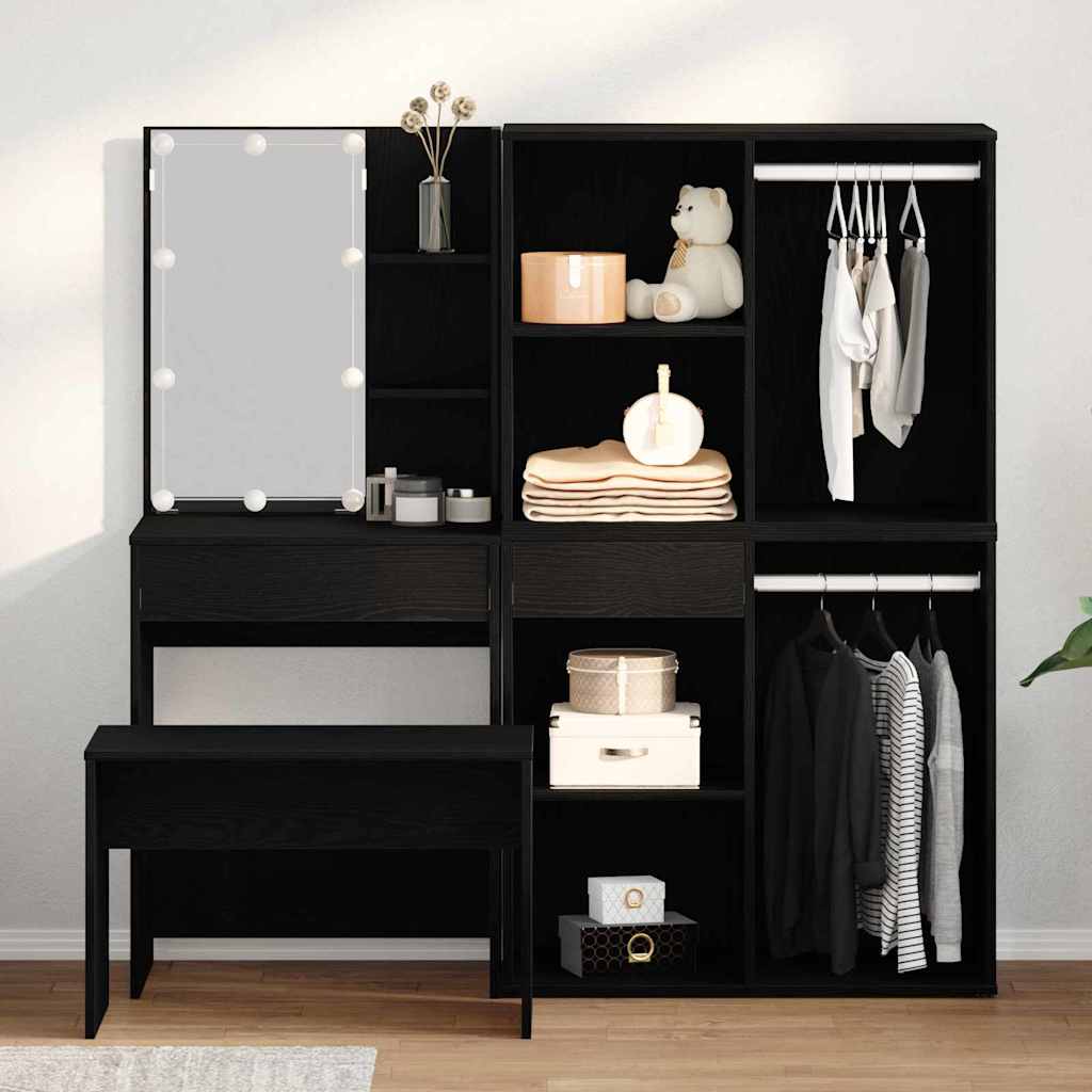 Schminktischset mit LED mit Regal 4 pcs Schwarz Eichen-Optik