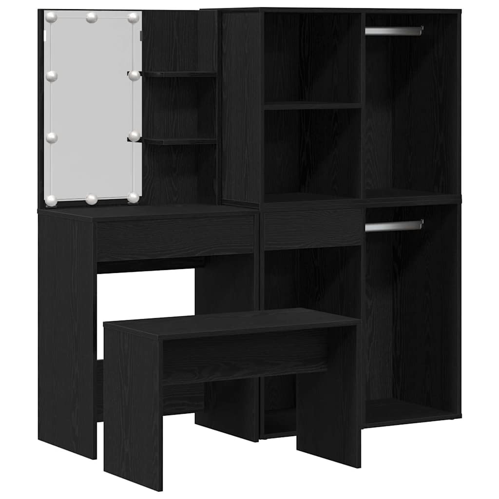 Schminktischset mit LED mit Regal 4 pcs Schwarz Eichen-Optik