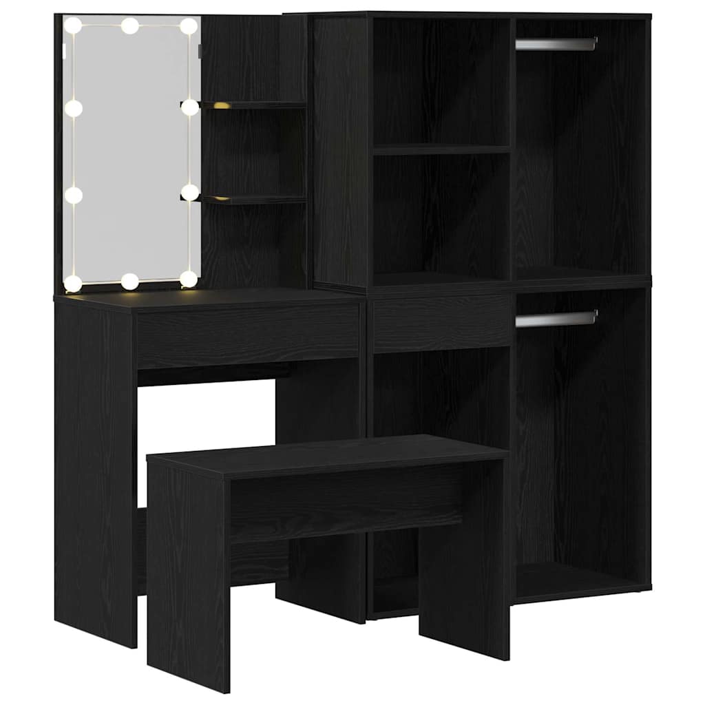 Schminktischset mit LED mit Regal 4 pcs Schwarz Eichen-Optik