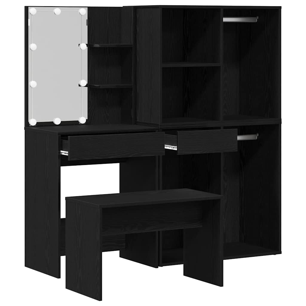 Schminktischset mit LED mit Regal 4 pcs Schwarz Eichen-Optik