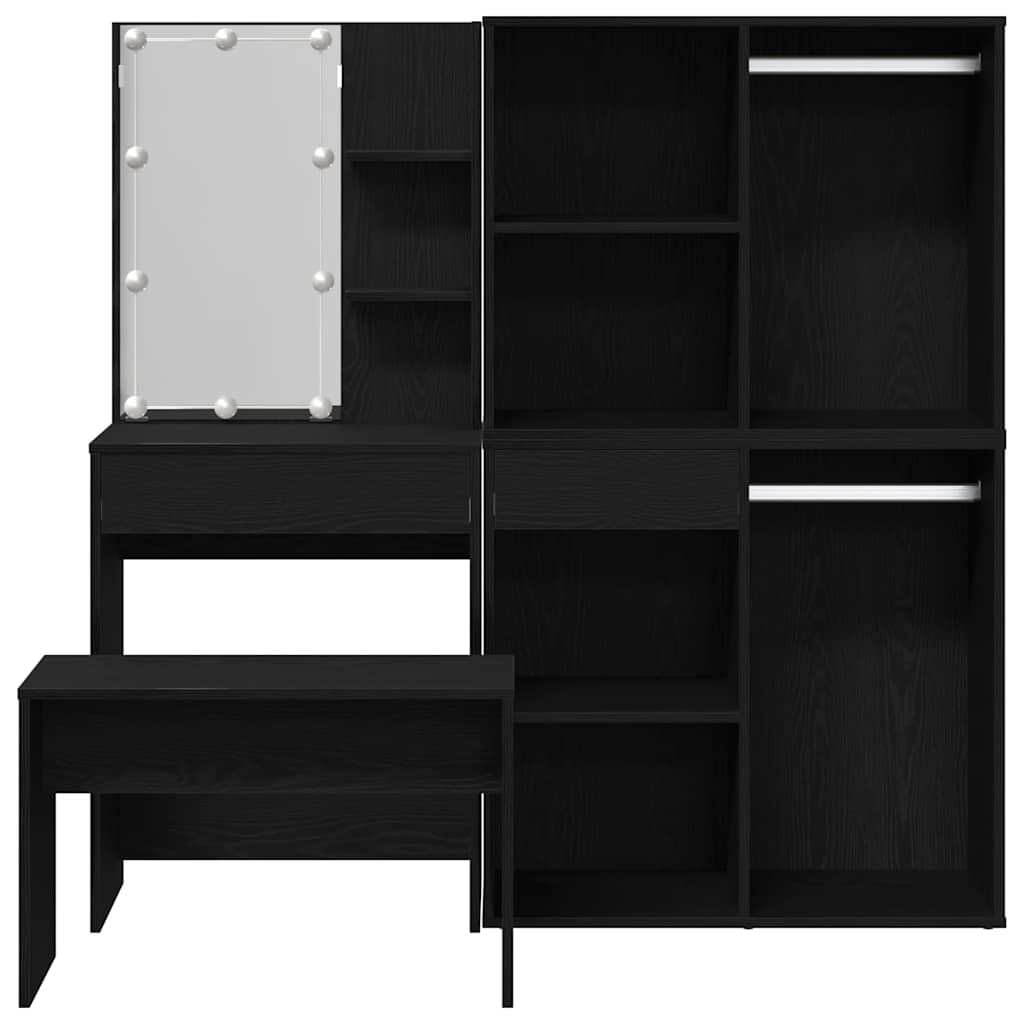 Schminktischset mit LED mit Regal 4 pcs Schwarz Eichen-Optik