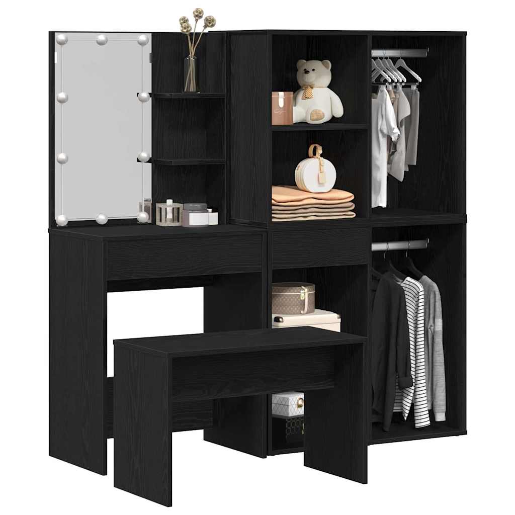 Schminktischset mit LED mit Regal 4 pcs Schwarz Eichen-Optik