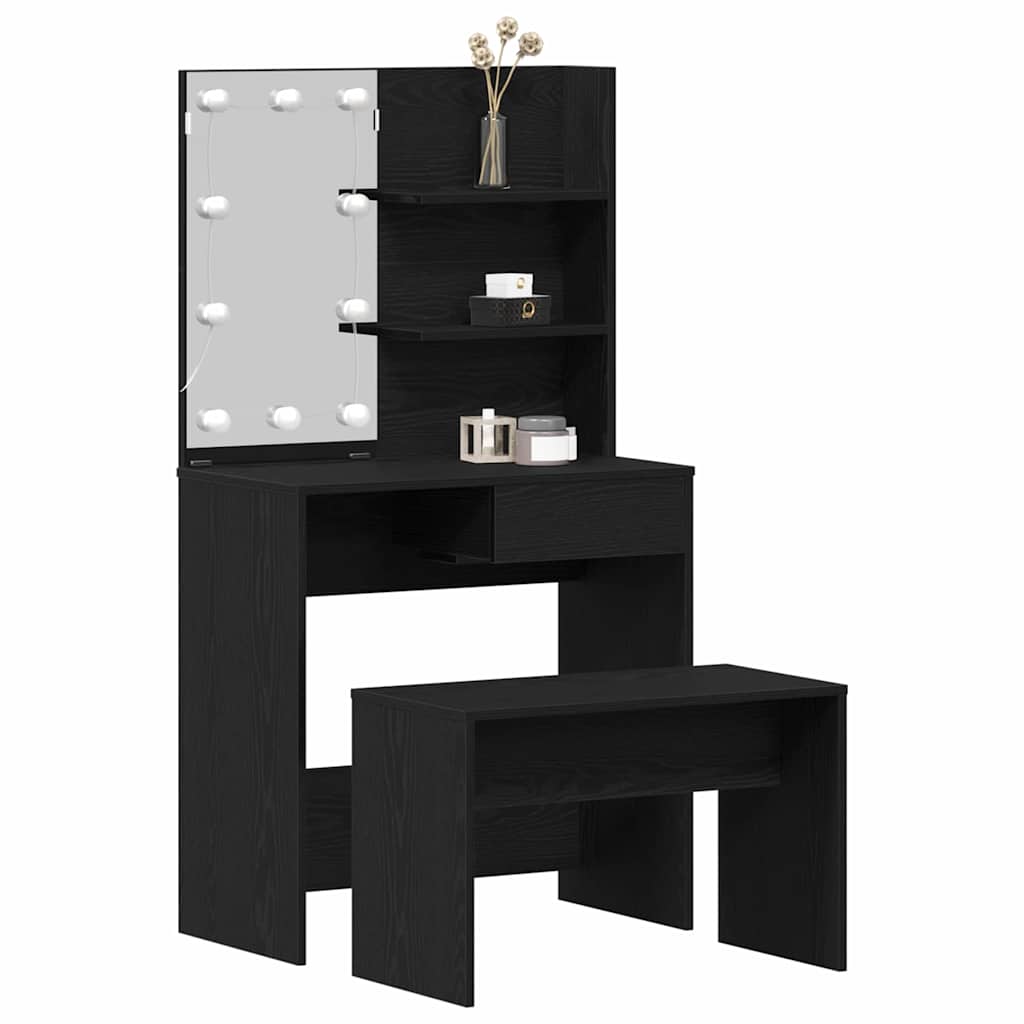 LED Schminktisch Set 2 pcs Schwarz Eichen-Optik Holzwerkstoff
