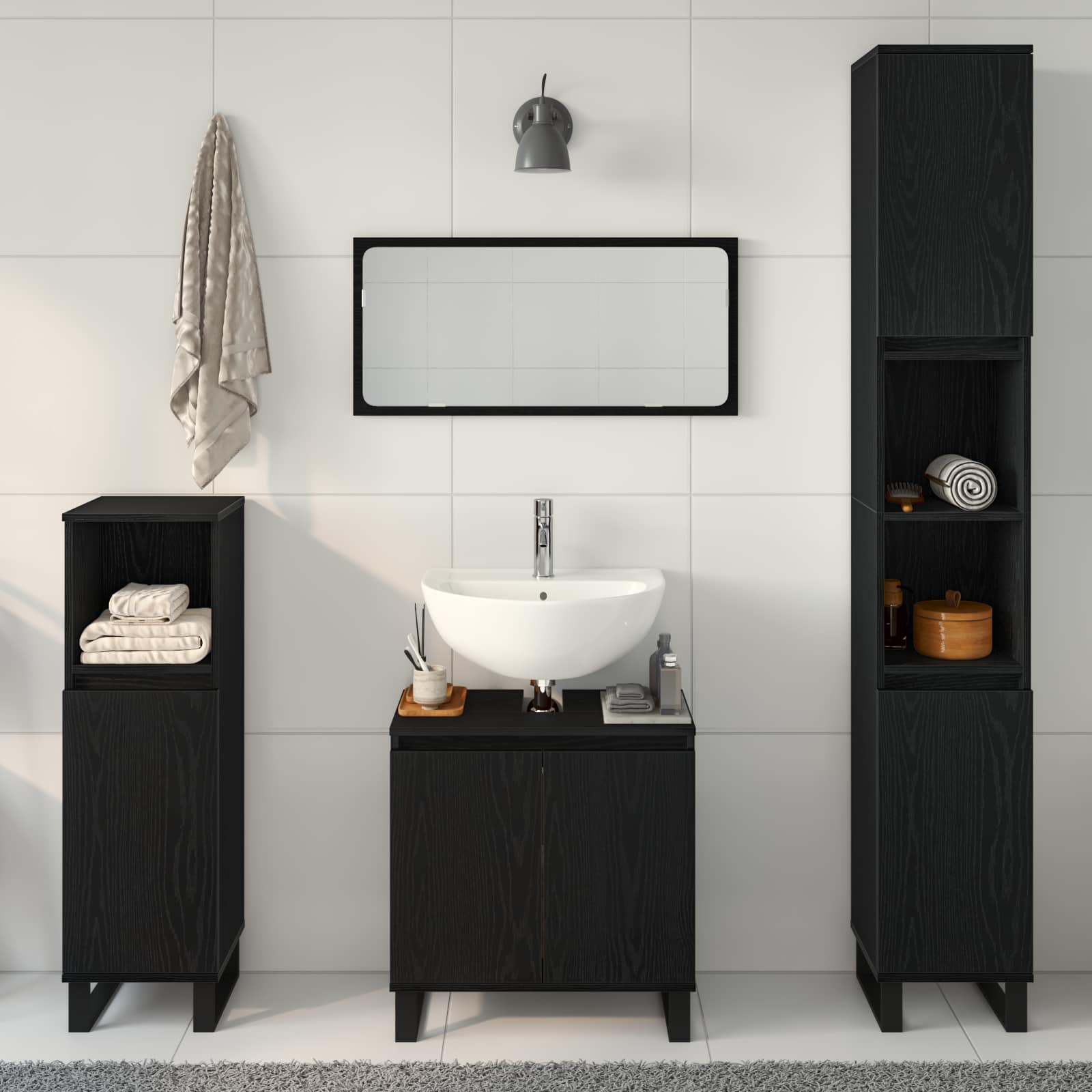 Badezimmermöbel-Set Wandmontiert 3 pcs Schwarz Eichen-Optik
