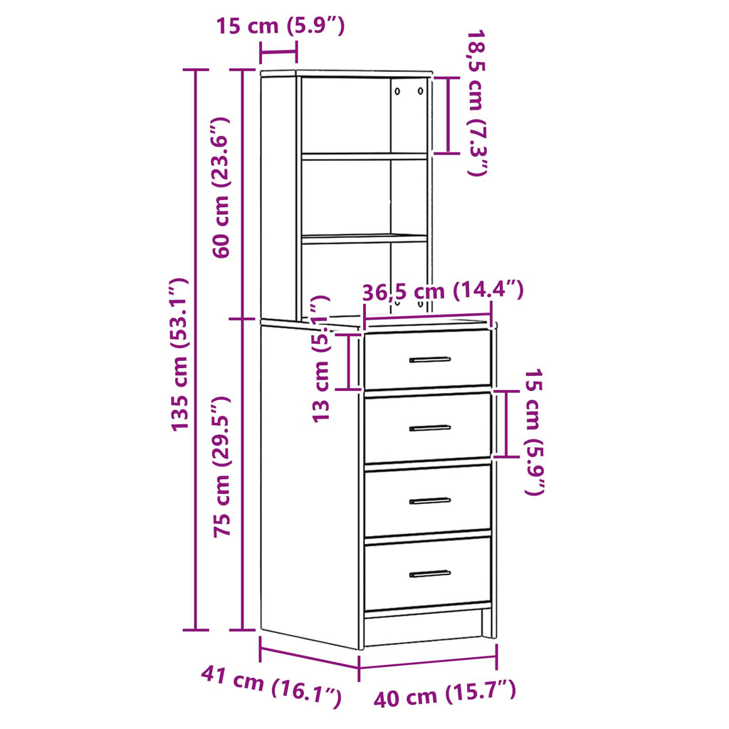 Hochboard Räuchereiche 40 x 41 x 135 cm Holzwerkstoff