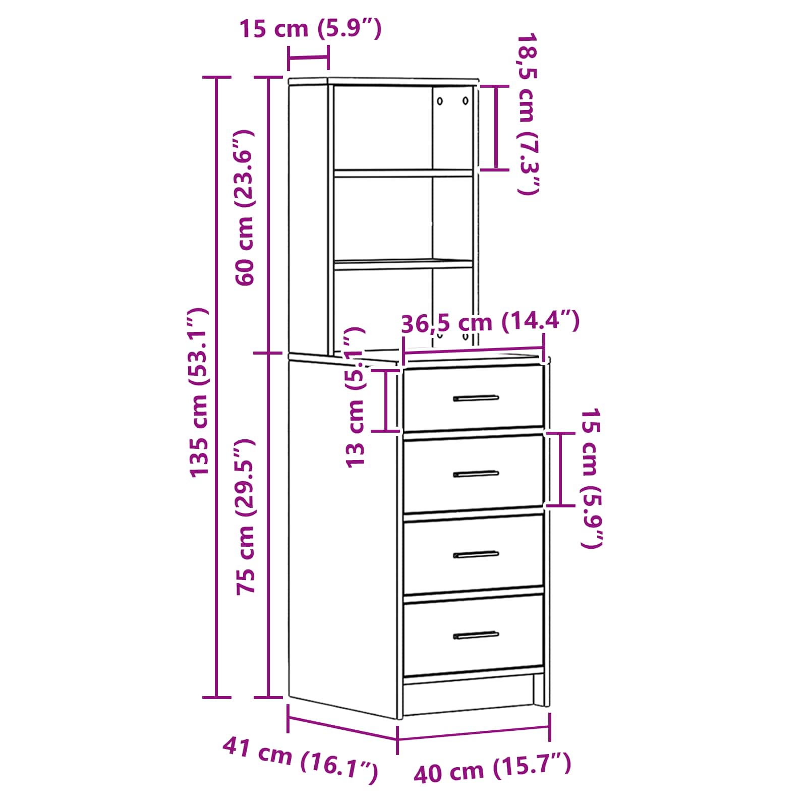 Hochboard Räuchereiche 40 x 41 x 135 cm Holzwerkstoff