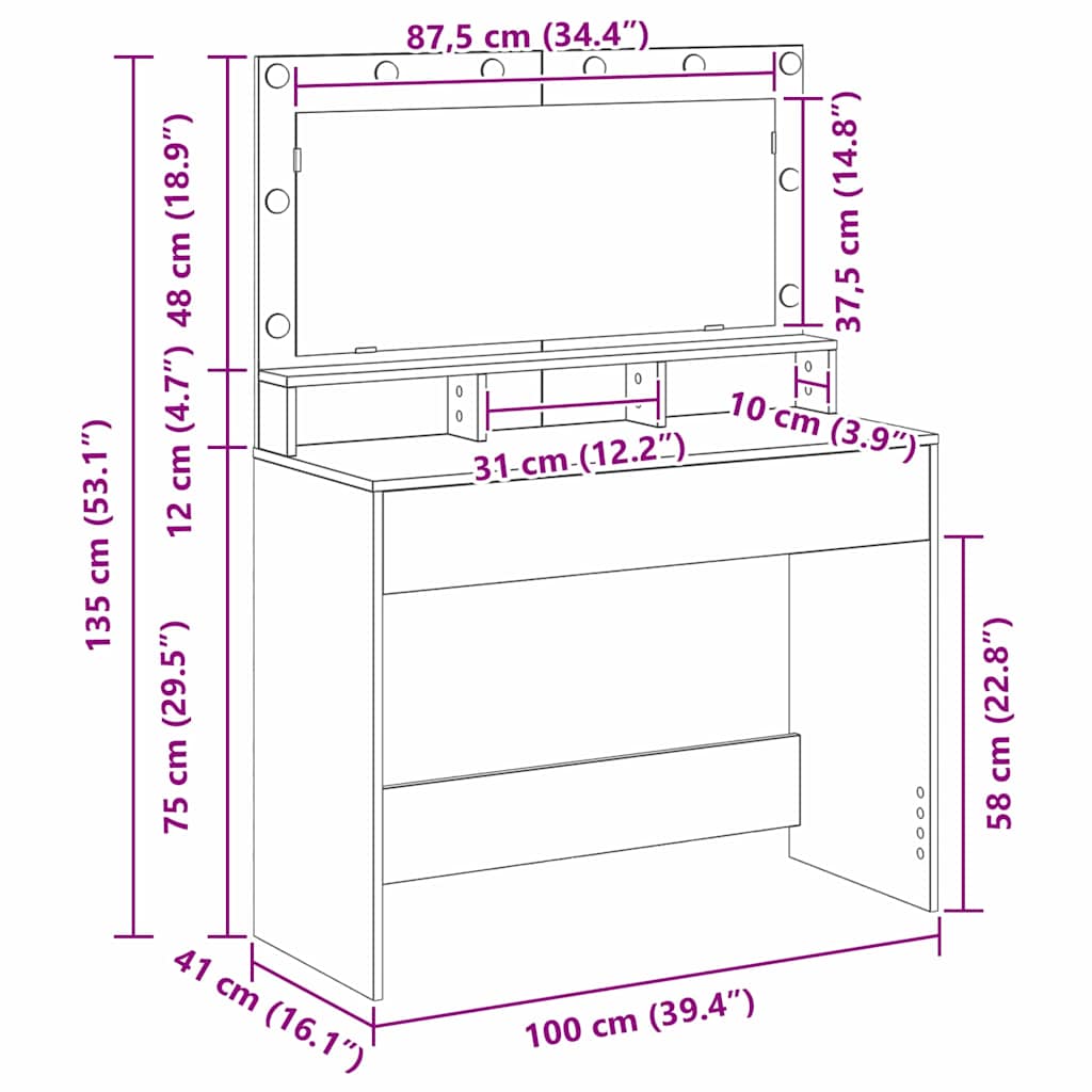 Schminktisch Braun Eichen-Optik 100 x 41 x 135 cm Holzwerkstoff