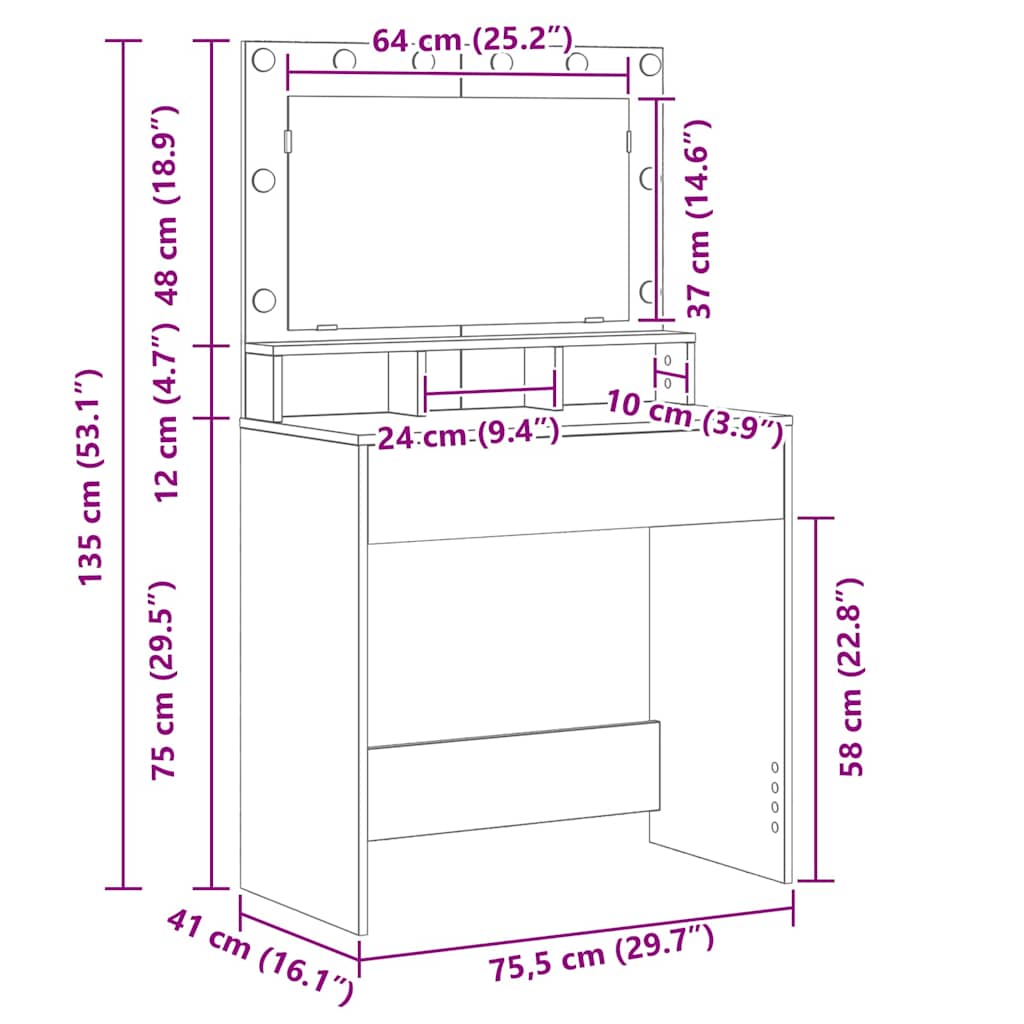 Schminktisch mit Regal Schwarz Eichen-Optik 75,5 x 41 x 135 cm