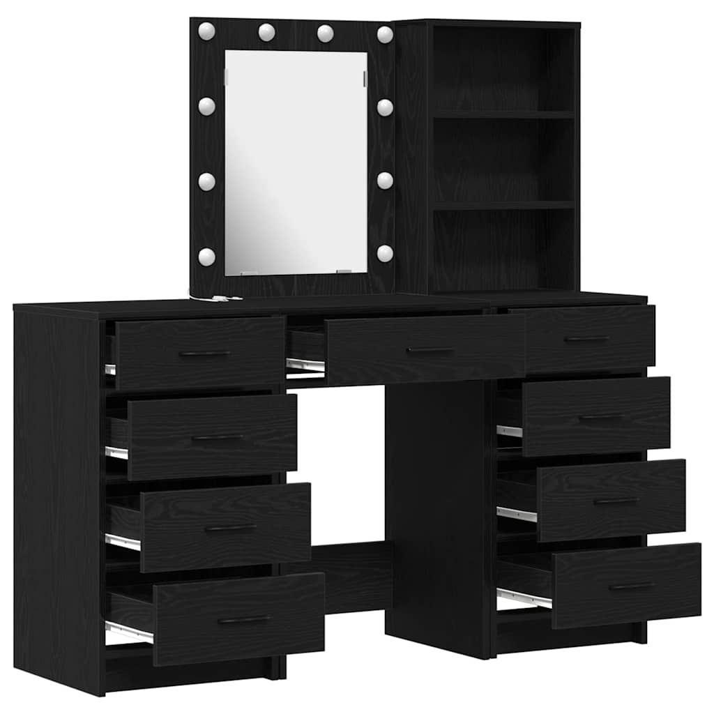 Schminktisch mit Spiegelbeleuchtung 3 pcs Schwarz Holzwerkstoff