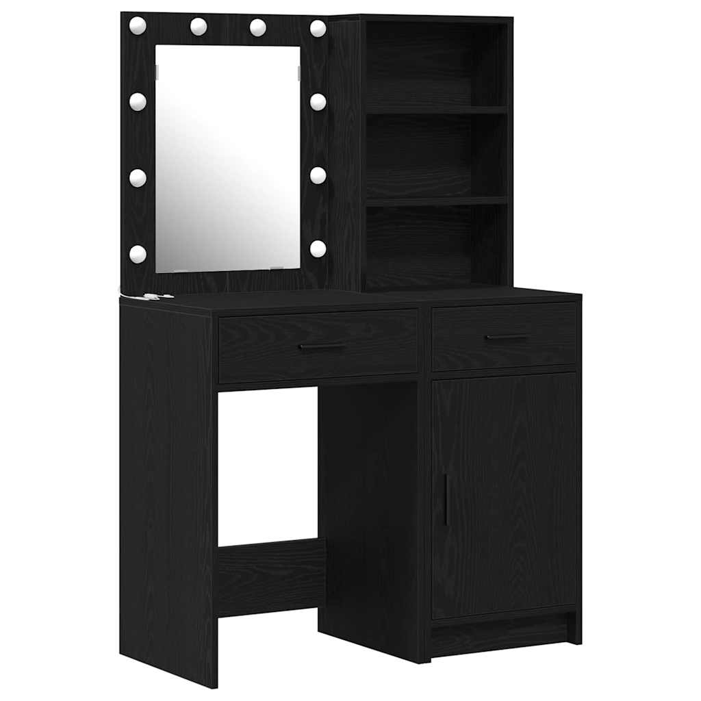Schminktischset mit LED mit Regal 2 pcs Schwarz Eichen-Optik