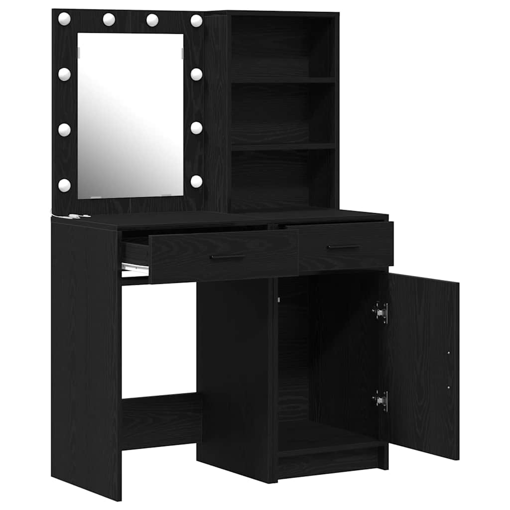 Schminktischset mit LED mit Regal 2 pcs Schwarz Eichen-Optik