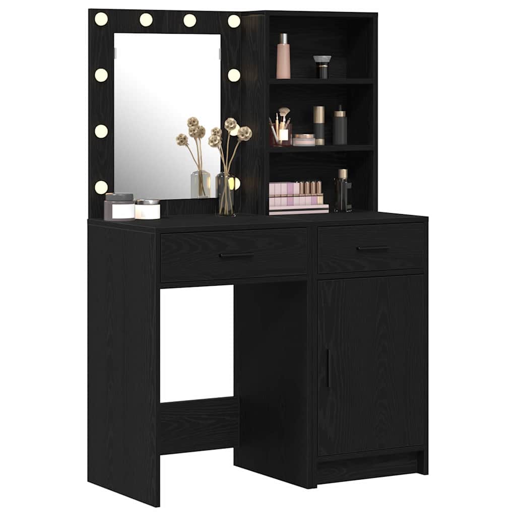 Schminktischset mit LED mit Regal 2 pcs Schwarz Eichen-Optik