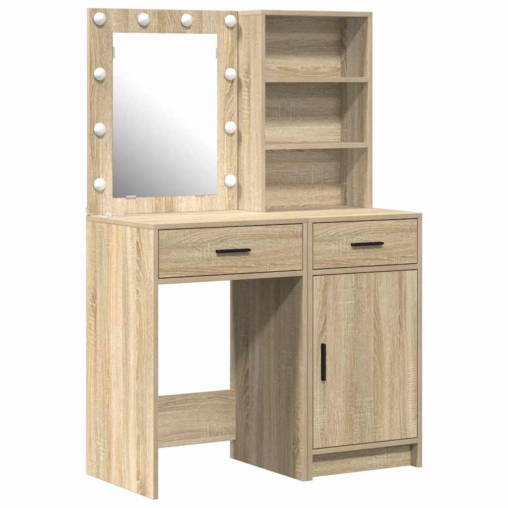 Schminktischset mit LED 2 pcs Sonoma-Eiche Holzwerkstoff