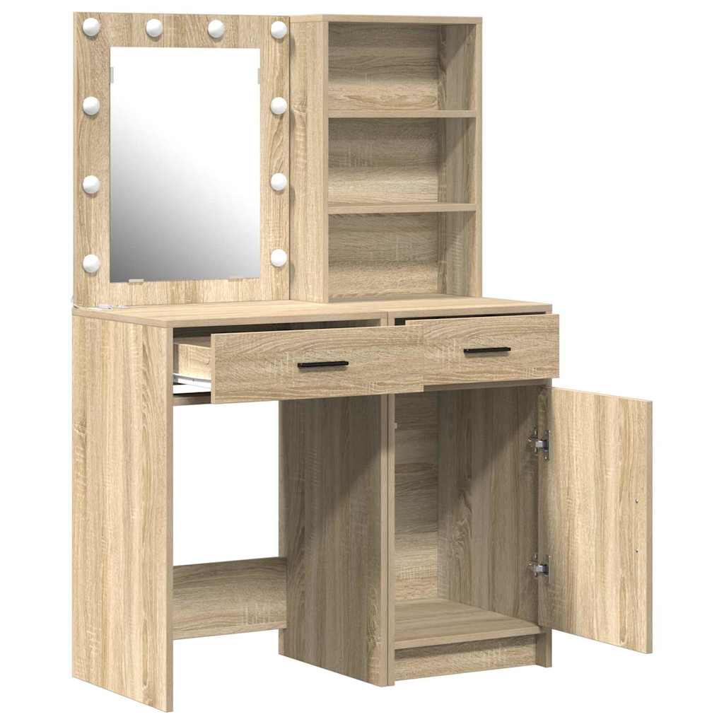 Schminktischset mit LED 2 pcs Sonoma-Eiche Holzwerkstoff