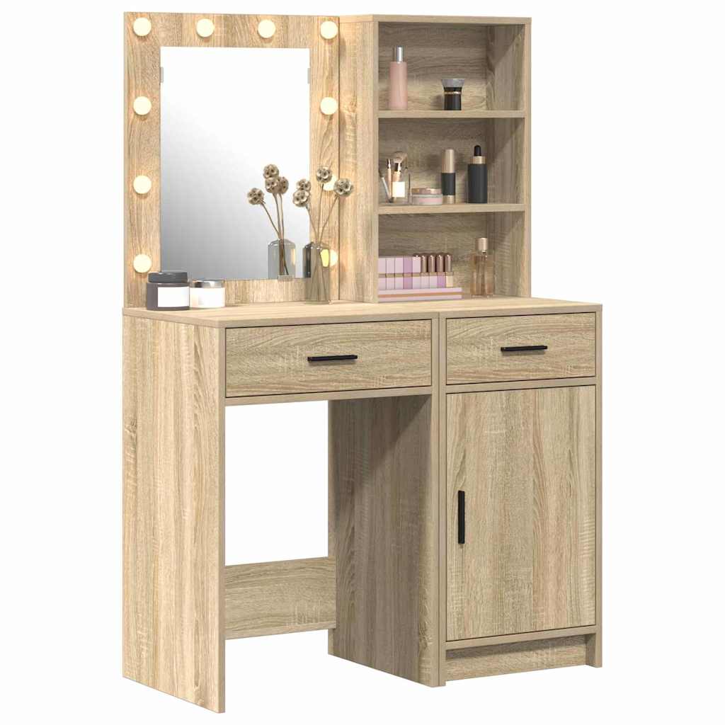 Schminktischset mit LED 2 pcs Sonoma-Eiche Holzwerkstoff