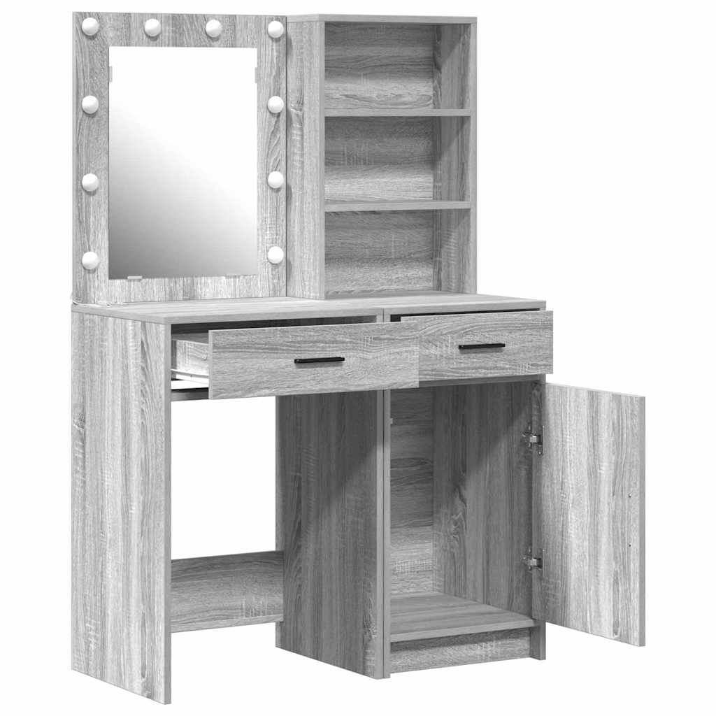 Schminktischset mit LED 2 pcs Graues Sonoma Holzwerkstoff