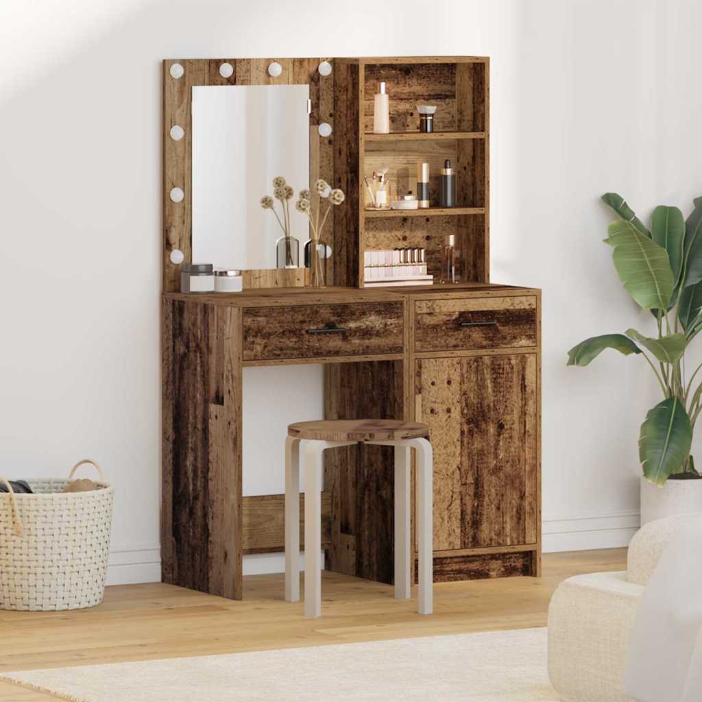 Schminktischset mit LED mit Regal 2 pcs Altholz Holzwerkstoff