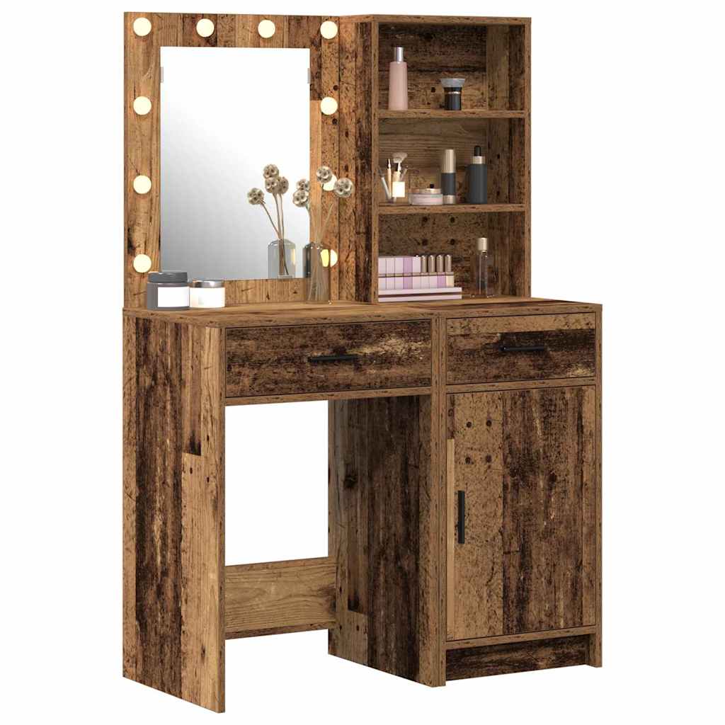 Schminktischset mit LED mit Regal 2 pcs Altholz Holzwerkstoff
