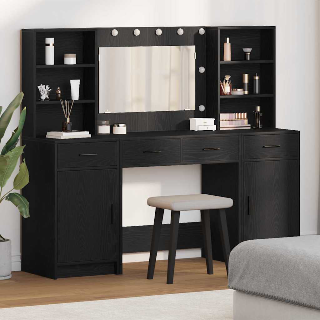 Schminktischset mit LED mit Regal 3 pcs Schwarz Eichen-Optik