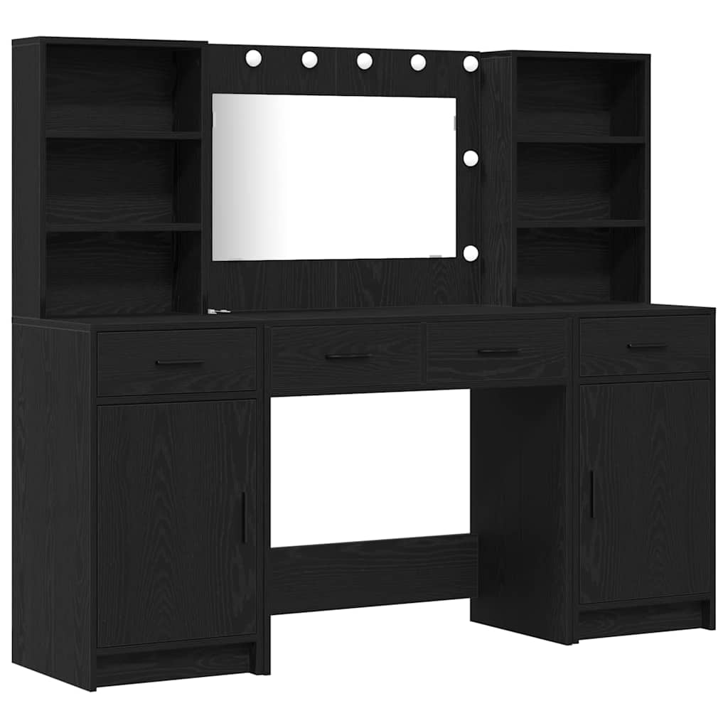 Schminktischset mit LED mit Regal 3 pcs Schwarz Eichen-Optik